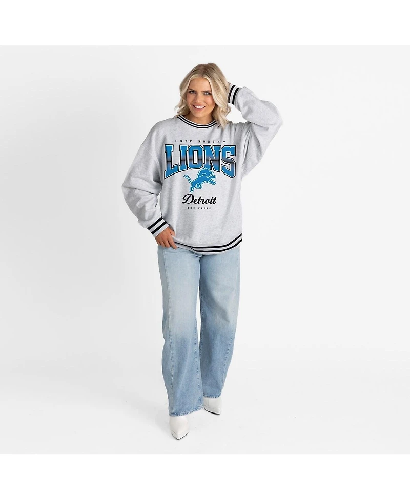 Gameday Couture Women's Ash/Black Detroit Lions Oversized Gridiron Drive Ringer Stripe Sweatshirt