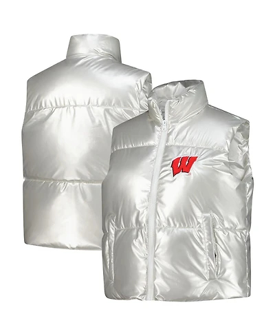 ZooZatz Women's Silver Wisconsin Badgers Metallic Cropped Full-Zip Sleeveless Puffer Vest