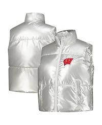 ZooZatz Women's Silver Wisconsin Badgers Metallic Cropped Full-Zip Sleeveless Puffer Vest