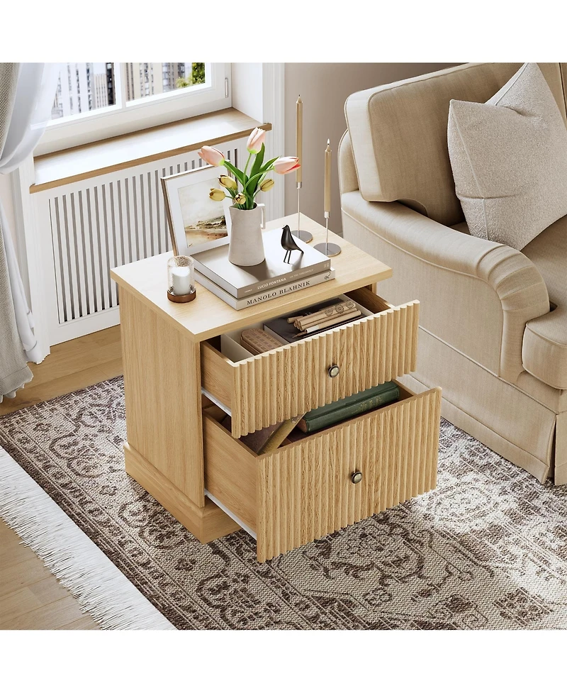 homfan 24 Inch Modern Fluted Nightstand, Small Accent Storage Cabinet with 2 Drawers, Curved Steady Base Side End Table
