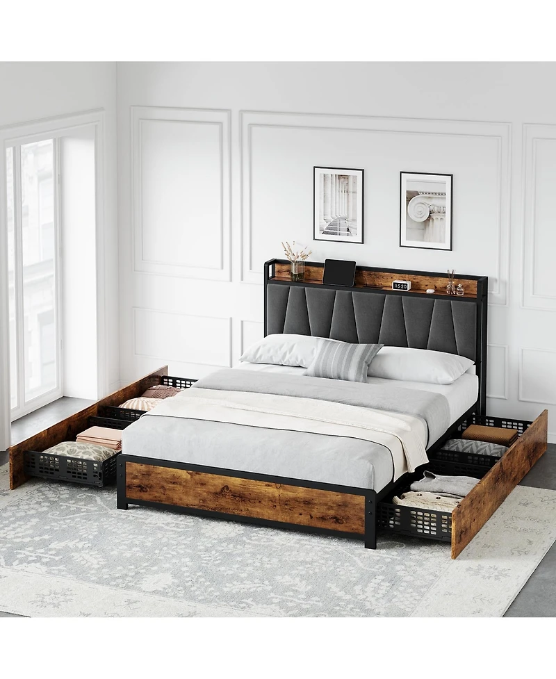 gaomon Queen Size Bed Frame with Storage Linen Upholstered Headboard, 4 Drawers Platform Bed Frame