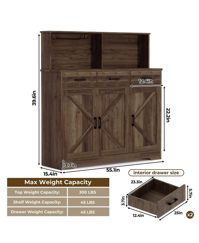 gaomon Farmhouse Sideboard Buffet Cabinet with Microwave Stand, Barn Doors Storage Drawers and Shelves