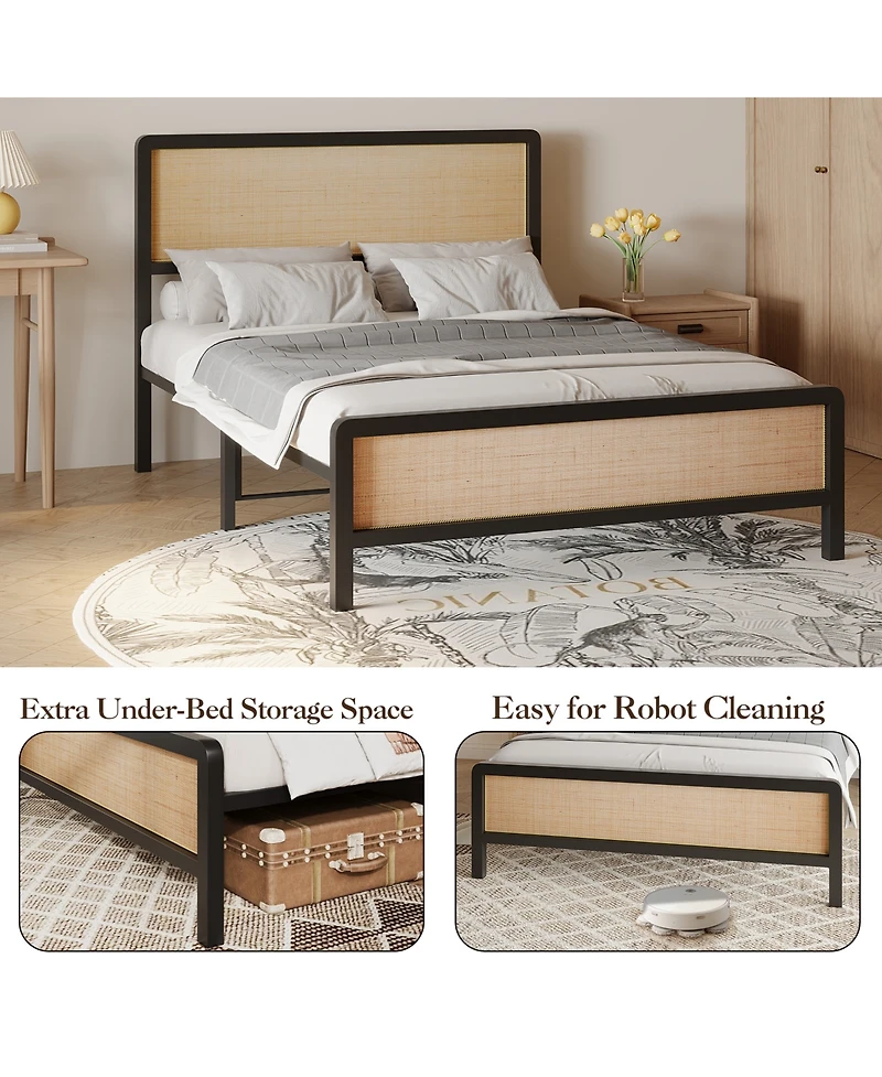 homfan Rattan Platform Bed Frame with Curved Headboard and Footboard, Metal Slat Support, Underbed Storage, No Box Spring Needed