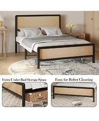 homfan Rattan Platform Bed Frame with Curved Headboard and Footboard, Metal Slat Support, Underbed Storage, No Box Spring Needed