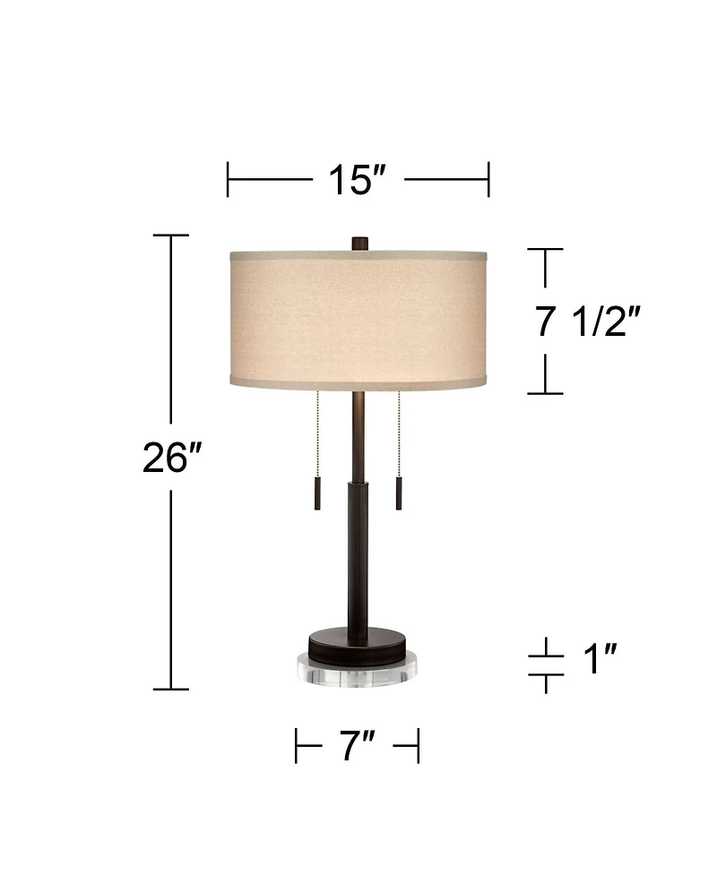 Franklin Iron Works Bernie Industrial Table Lamps Set of 2 with Round Risers 26 inches Tall Bronze Usb Charging Port Tan Drum Shade