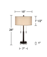 Franklin Iron Works Bernie Industrial Table Lamps Set of 2 with Round Risers 26 inches Tall Bronze Usb Charging Port Tan Drum Shade