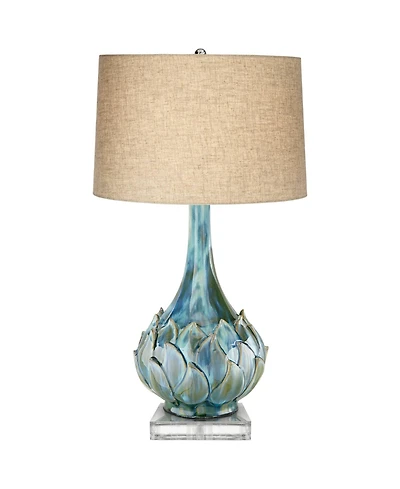 Possini Euro Design Kenya Modern Tropical Table Lamp with Riser 31 Inches Tall Linen Drum Shade for Bedroom Living Room Bedside Nightstand