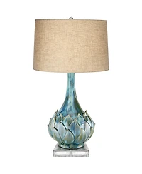 Possini Euro Design Kenya Modern Tropical Table Lamp with Riser 31 Inches Tall Linen Drum Shade for Bedroom Living Room Bedside Nightstand