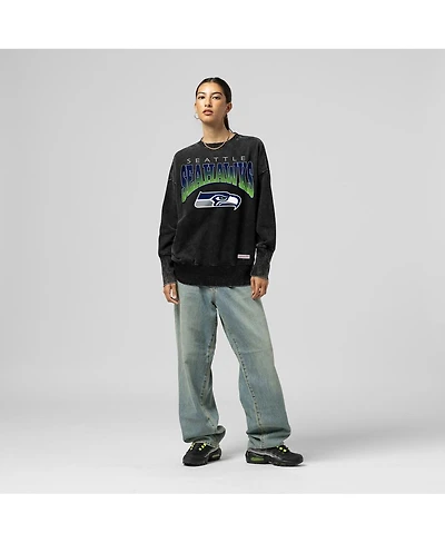 Mitchell & Ness Women's Black Seattle Seahawks Delineate Mineral Wash Crewneck Sweatshirt