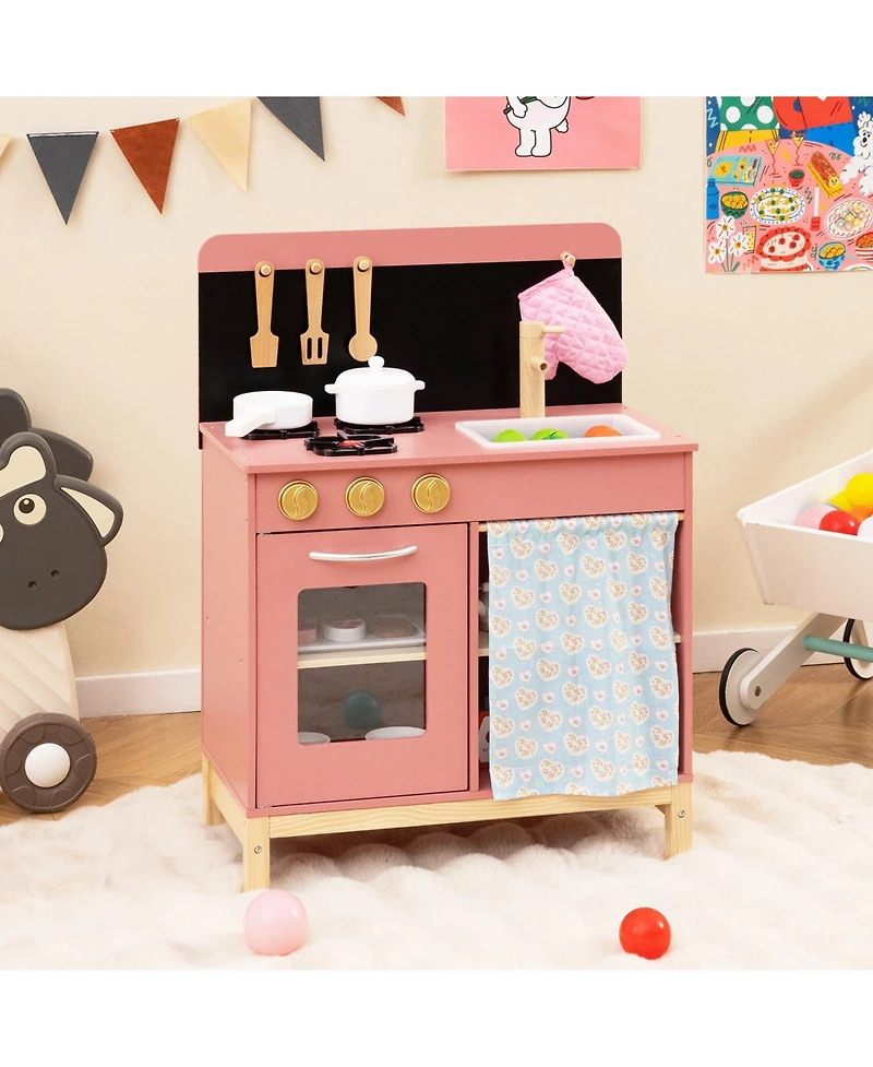 Slickblue Kids Wooden Pink Kitchen Playset with Door Curtain Pretend Play