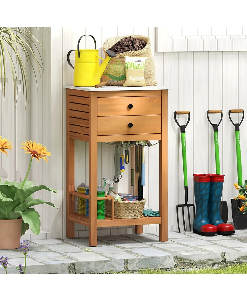 Slickblue Outdoor Storage Cabinet Acacia Wood Bar Table Faux Marble Top