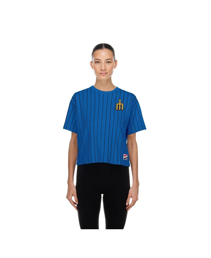 New Era Women's Royal Seattle Mariners City Connect Throwback Meshback Pinstripe Boxy T-Shirt