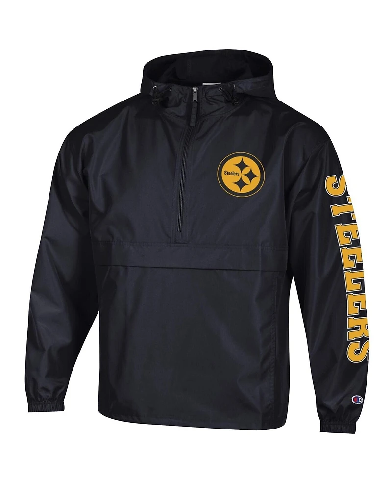 Champion Men's Black Pittsburgh Steelers Packable Hooded Windbreaker Half-Zip Jacket