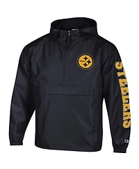 Champion Men's Black Pittsburgh Steelers Packable Hooded Windbreaker Half-Zip Jacket