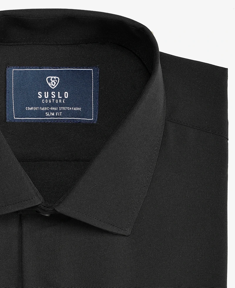 Suslo Couture Men's Slim-Fit Four-Way Stretch Solid Short-Sleeve Dress Shirt
