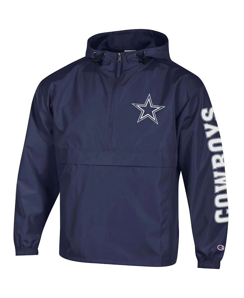Champion Men's Navy Dallas Cowboys Packable Hooded Windbreaker Half-Zip Jacket