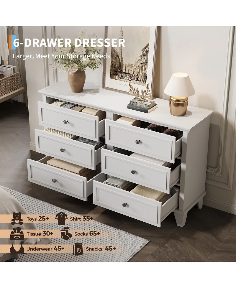 homfan Modern 6 Drawer Wide Wooden Dresser - Large Storage Chest with Exquisite Metal Handles