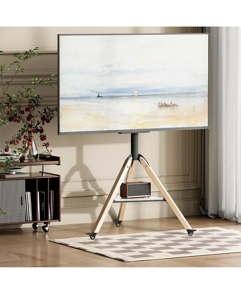 Unho Corner Floor Tv Stand with Wheels for 40-75 Inch Tvs, Wood Tripod TV Mount, Vesa 600x400 up to 88lbs