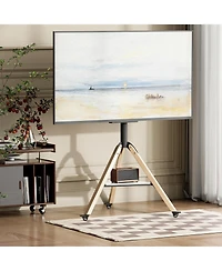 Unho Corner Floor Tv Stand with Wheels for 40-75 Inch Tvs, Wood Tripod TV Mount, Vesa 600x400 up to 88lbs