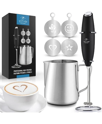 Zulay Kitchen Milk Frother Pitcher Stencil Stirrer Set