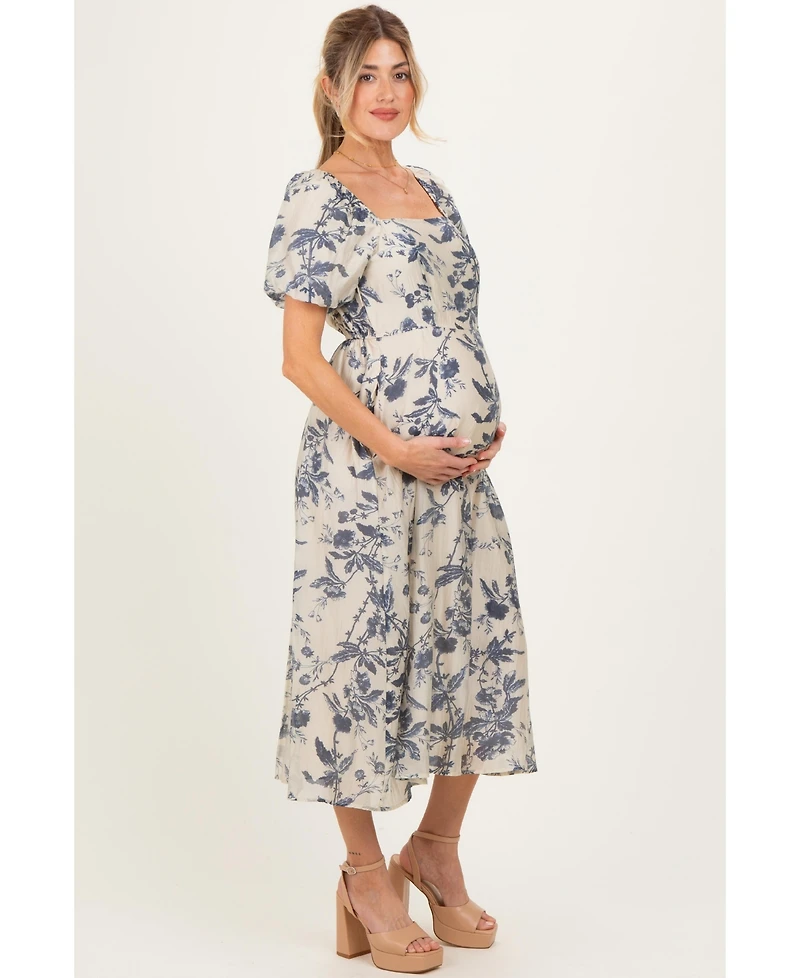 Pinkblush Maternity Navy Blue Floral Square Neck Puff Sleeve Midi Dress