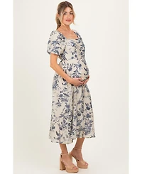 Pinkblush Maternity Navy Blue Floral Square Neck Puff Sleeve Midi Dress