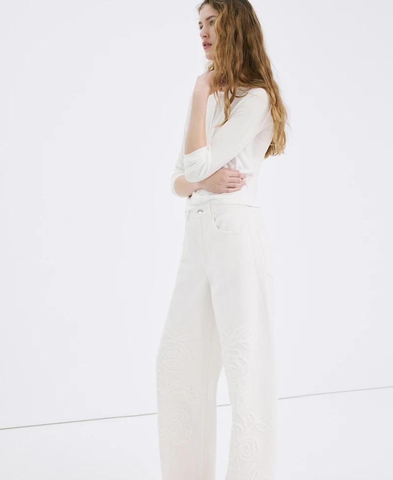 Mango Women's Floral Embroidery Wide Leg Jeans
