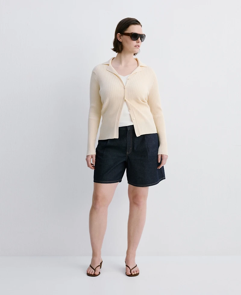 Mango Women's Pleats Mid-Rise Denim Bermuda Shorts