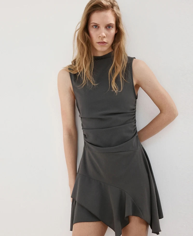 Mango Women's Ruffled Hem Short Ruched Dress