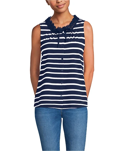 Lands' End Women's Lightweight Jersey Button Front Lace Trim Tank