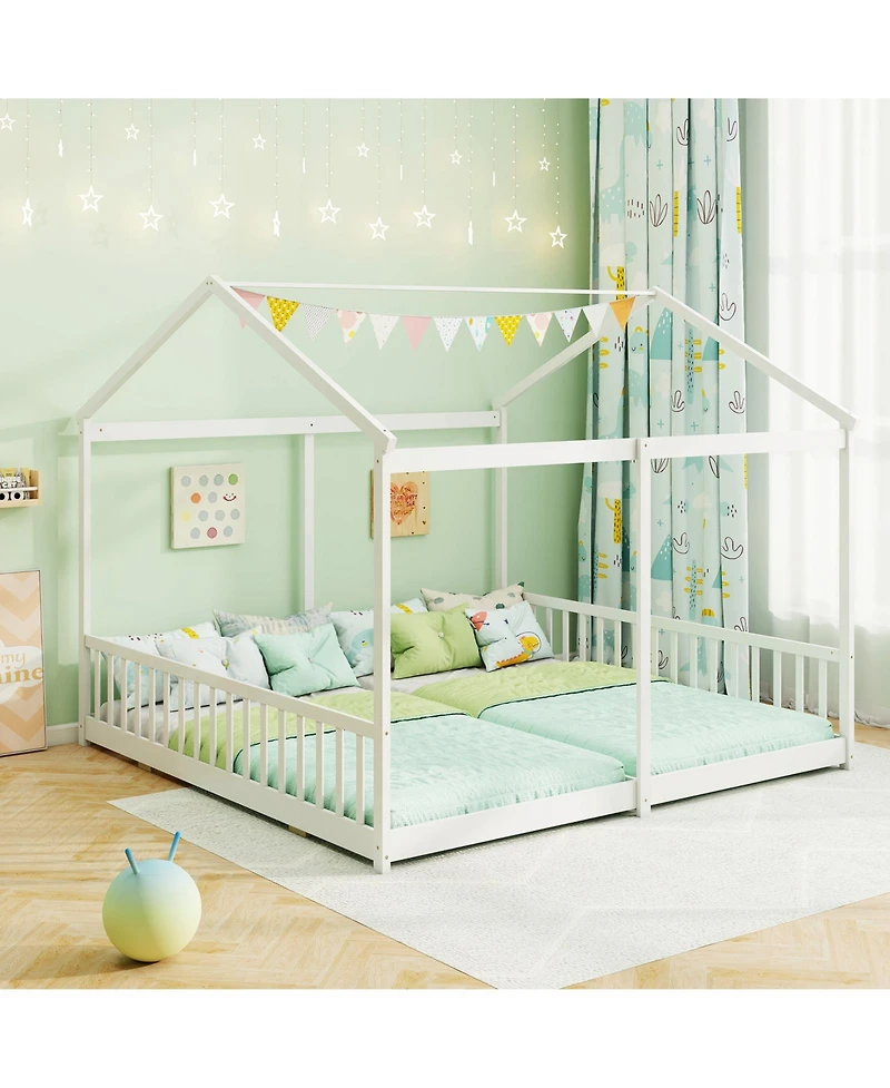 Sugift Double Floor Bed for Twins House Beds with Safety Guardrails for 2 Kids