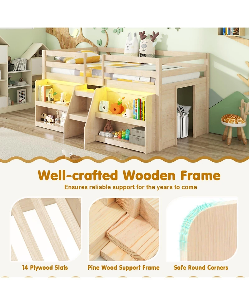 Sugift Twin Size Loft Bed with Led Lights with Staircase and Safety Guardrail