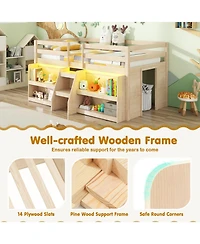 Sugift Twin Size Loft Bed with Led Lights with Staircase and Safety Guardrail