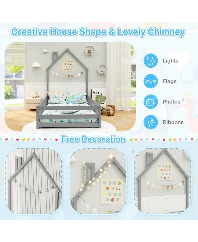 Sugift Twin Size Montessori Floor Bed with Lockable Door and Full-Length Guardrail