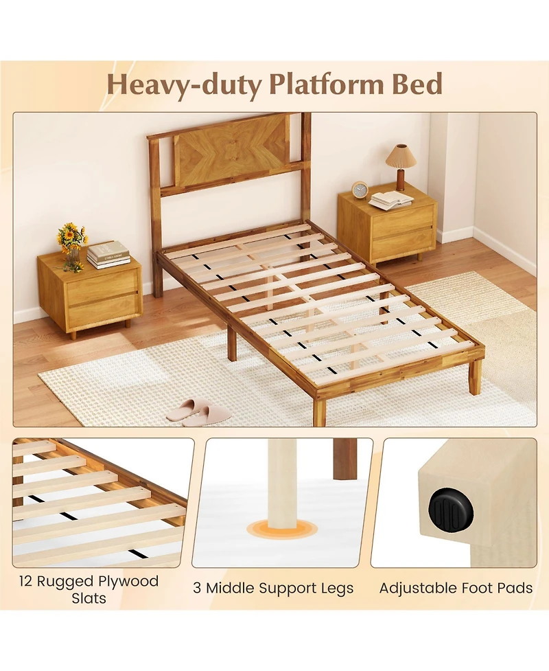 Sugift Twin Size Bed Frame Mid-Century Acacia Wood Platform Bed with Headboard