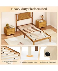 Sugift Twin Size Bed Frame Mid-Century Acacia Wood Platform Bed with Headboard