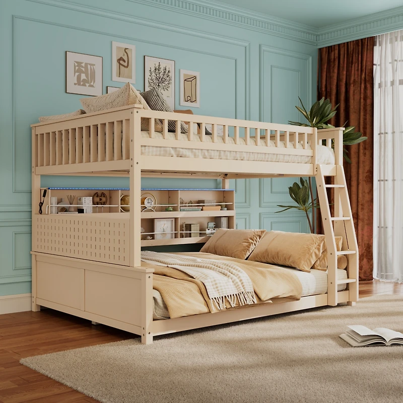 Streamdale Furniture Full Xl over Queen Bunk Bed with Shelving, Lights & Pegboard