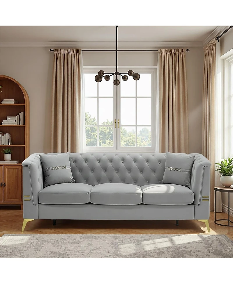 Streamdale Furniture Mid-Century Modern Faux Sherpa Sofa with Gold Accents