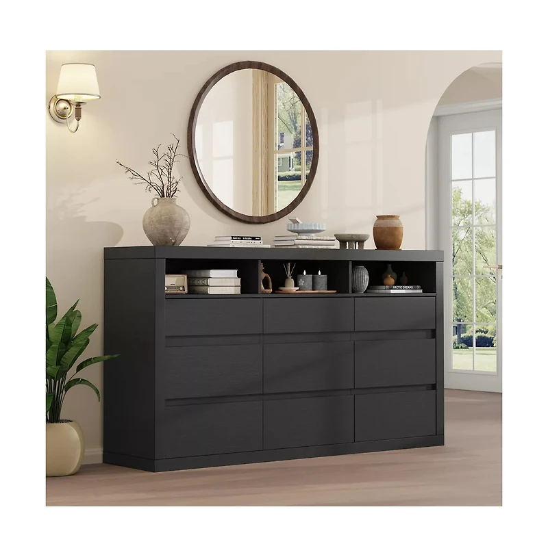 gaomon 9 Drawer Modern Wooden Dresser with 3 Open Shelves, Handleless Storage Chest for Bedroom Living Room