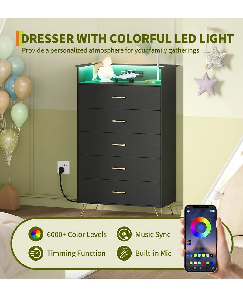 gaomon Tall 5 Drawer Dresser with Rgb Led Lights and Charging Station, Wood Storage Cabinet for Bedroom