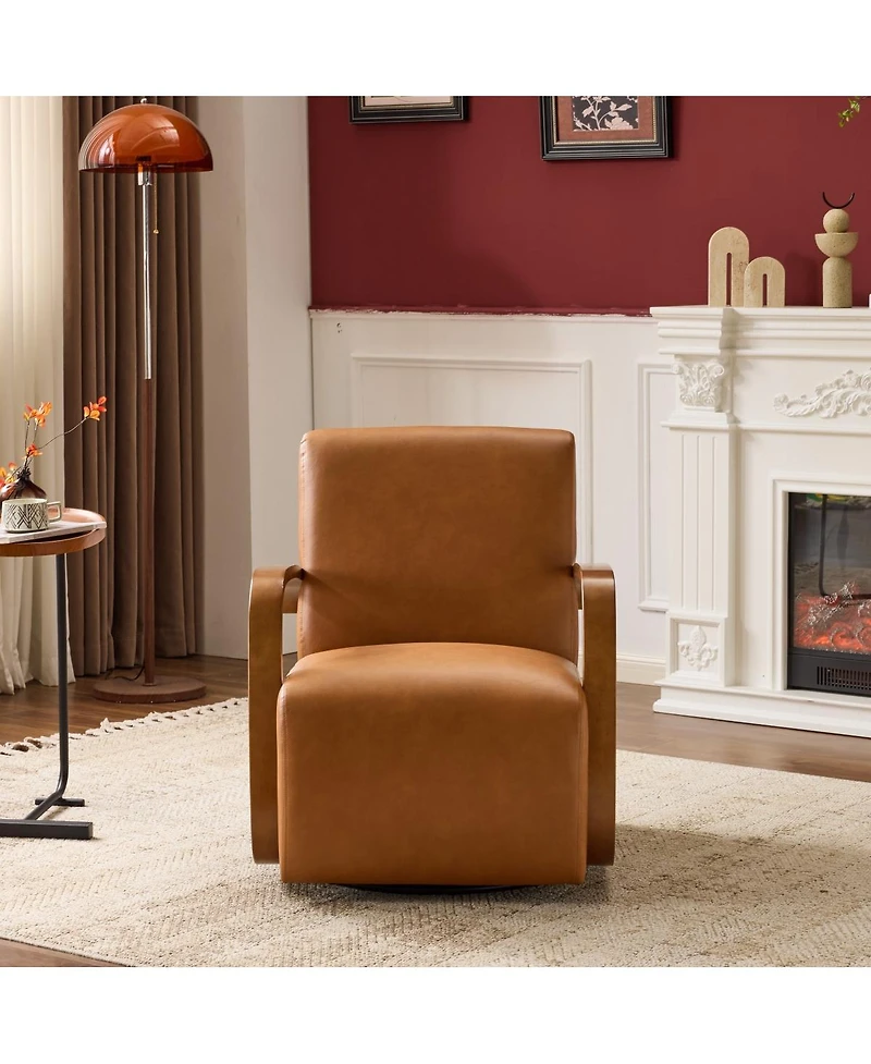 Streamdale Furniture Faux Leather Swivel Accent Chair with Solid Wood Armrests