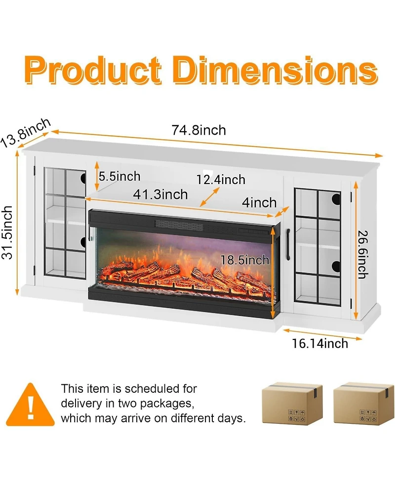 gaomon 75" Fireplace Tv Stand for TVs up to 85", Entertainment Center with 40" 3-Sided Electric Fireplace and Led Lights