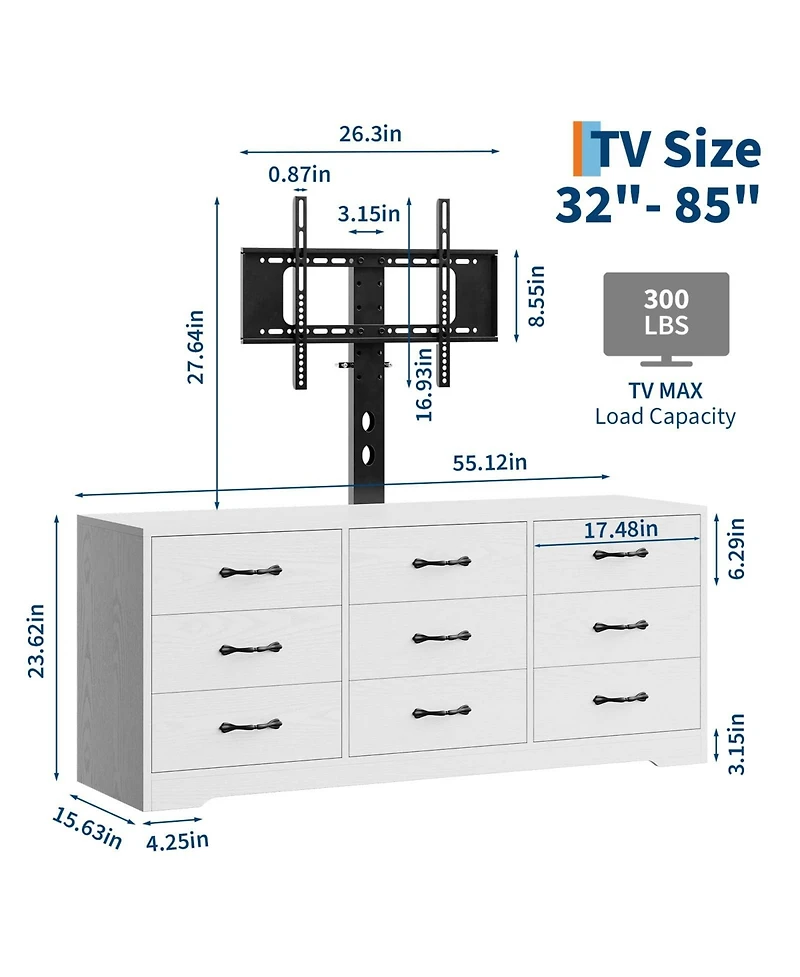 gaomon Tv Stand with Mount for TVs, Modern Media Console with Adjustable Height Bracket and 9 Drawers