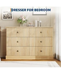 gaomon 6 Drawer Fluted Dresser Wide Modern Wood Storage Chest with Metal Handles for Bedroom Apartment
