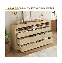 gaomon 9 Drawer Modern Wooden Dresser with 3 Open Shelves, Handleless Storage Chest for Bedroom Living Room