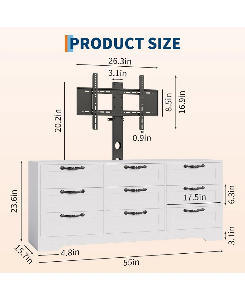 gaomon Tv Stand with Mount for Tvs, Modern Media Console with 9 Drawers and Adjustable Height TV Bracket