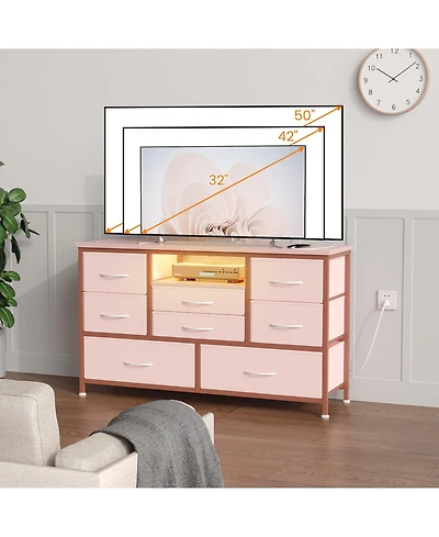 gaomon Tv Stand Dresser with 8 Fabric Drawers, Rgb Led Lights and Power Outlets, Wood-Top Console for TVs up to 55
