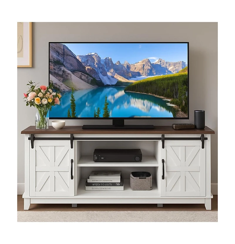 gaomon 66" Farmhouse Tv Stand for TVs up to 75", Media Console with Sliding Barn Doors, Adjustable Shelf and Charging Station