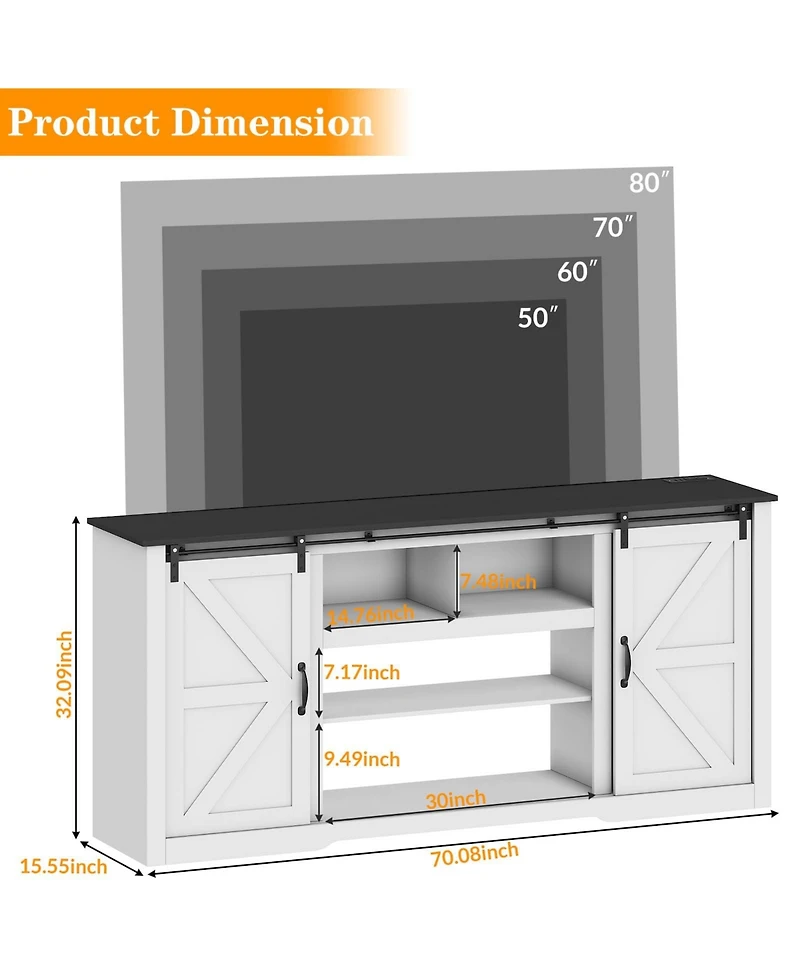 gaomon 70" Farmhouse Tv Stand for TVs up to 80", Entertainment Center with Sliding Barn Doors, Shelves and Charging Ports