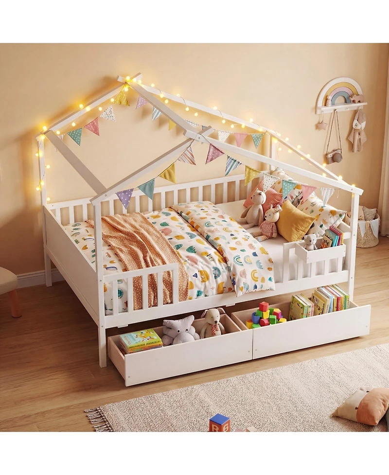 Slickblue Kids Full House Bed Frame with Roof and Safety Rails